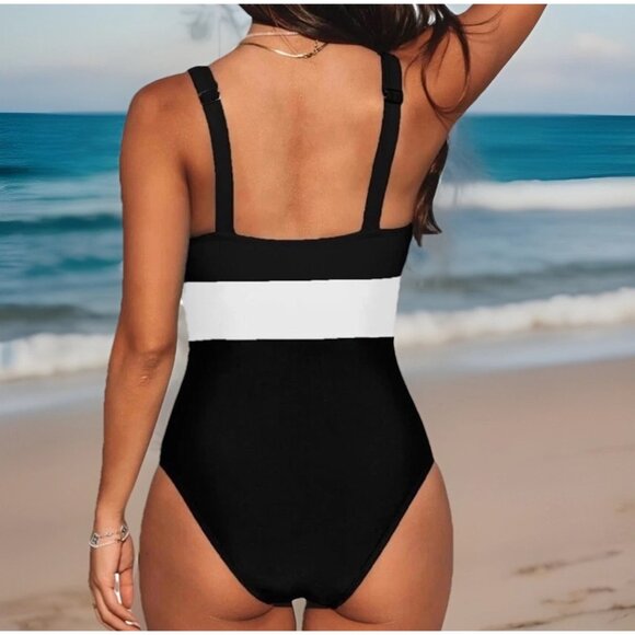 CUPSHE Women’s 1 Piece Swimsuit L Black White Colorblock Deep V Neck Wide Strap - Picture 3 of 9